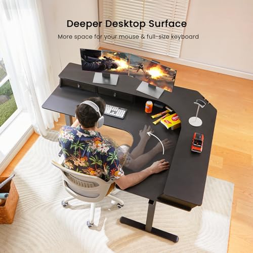 ErGear 65″ L Shaped Gaming Desk with 3 Drawers, Standing Desk Height Adjustable w/Monitor Shelf [C-Clamp Mount Compatible], Corner Stand up Desk w/Cable Management Trays for Home Office, Black