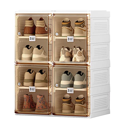 ANTBOX Shoe Organizer Storage Box, Portable Folding Shoe Rack For Closet With Magnetic Clear Door,Large Sneaker Cabinet Bins All-in-one Sturdy Easy Assembly 4 Layers-8 Grids