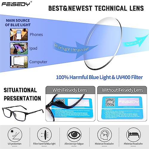 FEISEDY Lightweight TR90 Flexible Titanium B Rectangle Reading Glasses Anti-Blue Light Eyeglass B0018 Black 1.0x