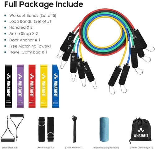 Whatafit Resistance Bands Set (11pcs), Exercise Bands with Door Anchor, Handles, Carry Bag, Legs Ankle Straps for Resistance Training, Physical Therapy, Home Workouts