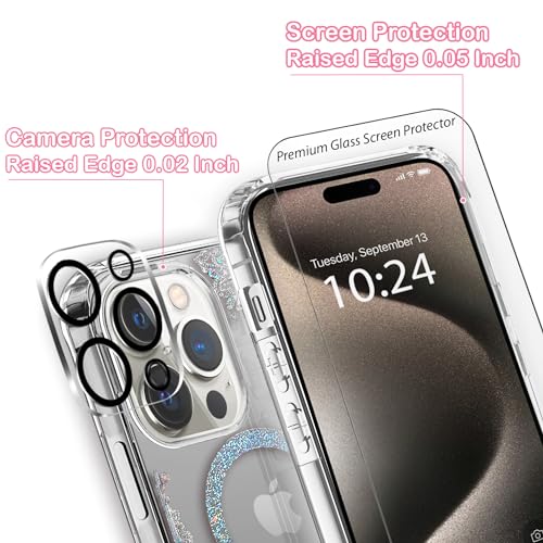 Coolwee Clear Glitter for iPhone 15 Pro Case Magnetic, Compatible with MagSafe, Thin Flower Slim Cute Crystal Lace Bling Women Girls Floral Hard Back Soft TPU Bumper Protective Cover Mandala Henna