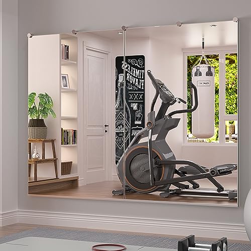 Keonjinn Home Gym Mirror 48” x 24” x 2 PCS Workout Mirror, Large Wall Mirror Full Length for Fitness, Yoga, Wall Mounted Long Mirror for Garage, Dance Studio Decor, Oversized Frameless Mirror