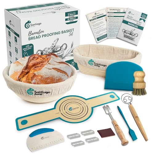 Banneton Bread Proofing Basket Set, 9 Inch Round & 10 Inch Oval Banneton Basket & Sourdough Bread Baking Supplies, with Danish Dough Whisk, Silicone Bread Sling, Linen Liner, Bread Lame, Bowl Scraper