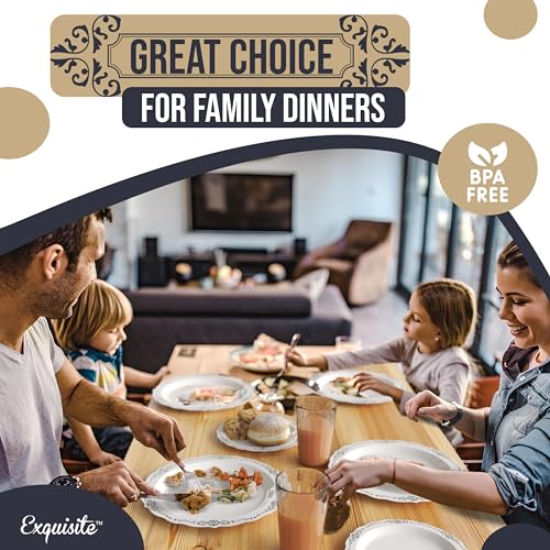 Exquisite Victorian Plastic Plates 80 Piece Plastic Disposable Plates for Party Set For 40 Guests 40 X 7.5 inch Dessert Plates & 40 X 10.25 Inch Plastic Plates Disposable Heavy Duty White & Black