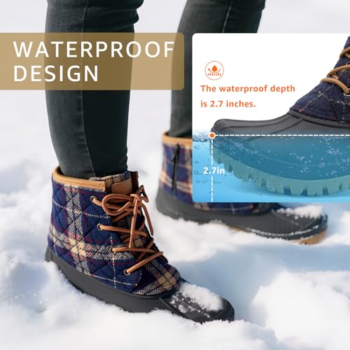 STQ Womens Winter Duck Boots Fashion Side Zipper Snow Boots Waterproof Ankle Booties Navy Plaid, 6 US