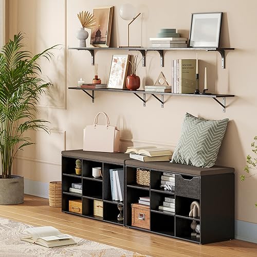 DINZI LVJ Shoe Bench, 9 Cubbies Shoe Organizer for Entryway, Storage Bench with Cushion, Cubby Shoe Rack with Adjustable Shelves for Living Room, Bedroom, Mudroom, Hallway, Espresso