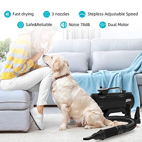 shernbao Dog Dryer High Velocity Professional Dog Pet Grooming Hair Drying Force Dryer Blower 6.0HP (DHD-2400T) (6.0HP, Jet Black)