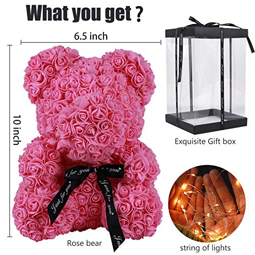 Rose Teddy Bear, Rose Bear Teddy Bear,10" Flower Bears with Lights, Rose Bear Foam Artificial Flower,Lighted Up Rose Teddy Bear Gifts for Valentines Day, Mothers Day,Anniversary (Red)