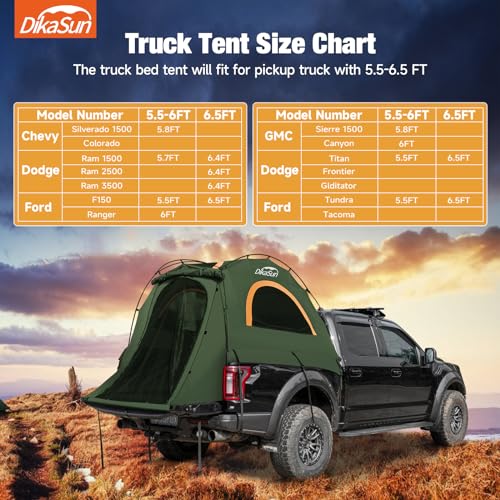 DikaSun Pickup Truck Bed Tent: Double Layer Quick Setup Pickup Tent 5.5-5.8 Ft, Waterproof PU3000mm Tear-Resistant Truck Tent for Camping (Green)