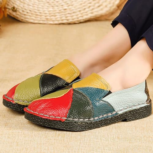 Trsorini Women Casual Loafers Shoes Comfortable Multi Color Stitching Leather Slip on Shoes for Female Soft Sole Flat Driving Walking Dress Green Size 5