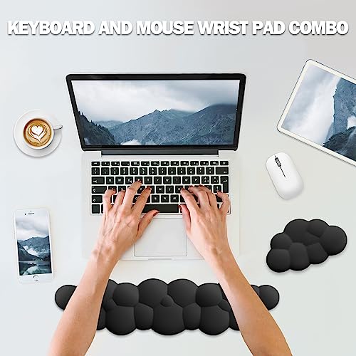 Lauspuck Cloud Keyboard Wrist Rest Pad Set,Enlarge PU Leather Memory Foam Wrist Cushion Support,Easy Typing Pain Relief,Mouse Wrist Rest Pad,Non-Slip Wrist Support for Home, Office,Black