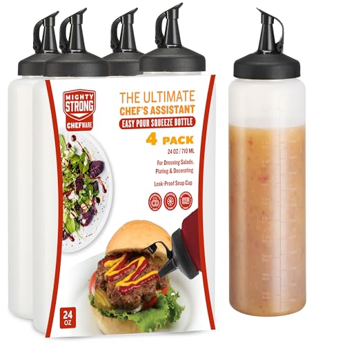 4 Pack Condiment Squeeze Bottles for Sauces - 24 Oz Squirt Bottles for Liquids, Easy Pour Sauce Bottles with Leak Proof Snap Cap, Condiment Bottles, Plastic Squeeze Bottles for Liquids, Ketchup, Oil