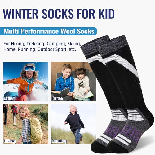 Kids Ski Socks Merino Wool Winter Warm Thermal Hiking Snowboarding Knee High Heavy Boot Socks for Toddler Boys Girls 2 Pairs(Black/Grey, 4-7 Years)