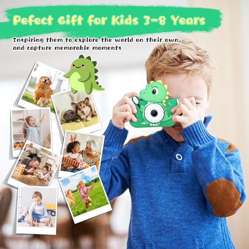 Envyvip Dinosaur Toys Camera for Kids Boys Age 3-8, Toddler Kids Digital Camera Christmas Birthday Gifts for 3 4 5 6 7 8 Years Old Boy, Cute Selfie Video Camera, HD 1080P, 32GB SD Card Included