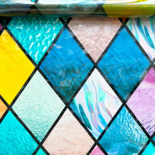 Colorful Stained Glass Window Film, Rainbow Door Privacy Films Static Cling Window Tint Decorative Sun Catcher Decal Heat Cotrol Anti UV for Home and Office,17.5x78.7 in.