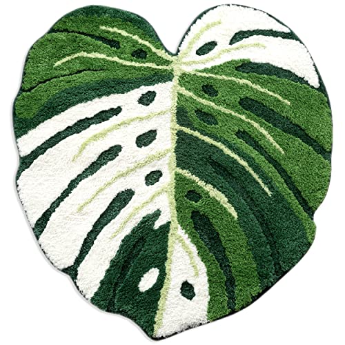 FrecklePot Pink Princess Non Slip Bath Mat or Kitchen Tufted Rug, Plant Leaf Shaped Kids Pets Floor Mat Carpet, Green, 32" x 24"