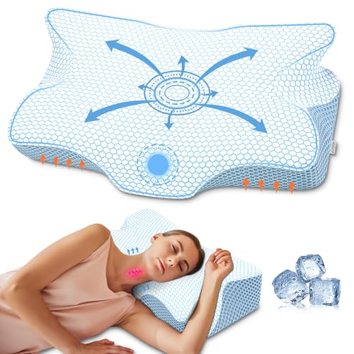 Anvo Cervical Pillow for Neck Pain Relief - Neck Pillows for Pain Relief Sleeping - Memory Foam Pillow for Neck and Shoulder Pain - Ergonomic Pillow for Side Back Stomach Sleeper-Blue Firm Queen