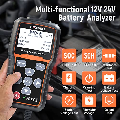 FOXWELL BT705 Car Battery Tester 12V 24V, Automotive 100-2000CCA Battery Load Tester Battery Analyzer Digital Charging System Alternator Tester Cold Cranking for Heavy Duty Truck Boat Marine SUV ATV