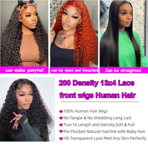 13x4 Lace Front Wigs Human Hair Deep Wave Lace Frontal Wigs 180% Density Glueless Brazilian Virgin Hair Pre Plucked with Baby Hair Natural Hairline HD Lace Wigs for Women Natural Black Color 18 Inch