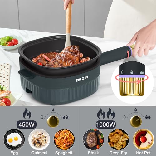 DEZIN Hot Pot Electric 3L, Non-Stick Electric Pot with 2L Grill Pan & 2.5L Steamer, 3-in-1 Electric Cooker with Dual Power Level for Dorm, Family & Friend Gathering, 1000W Rapid Pot