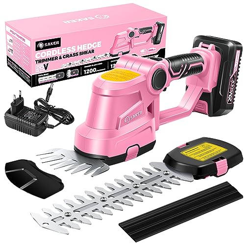 Saker Cordless Hedge Trimmer-20V Electric Shrub Trimmer Grass Shears Handheld Grass Cutter, Hedge Shear with 1 PCS Rechargeable Battery and Charger for Garden, Lawn(Pink)