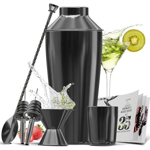 Bar Set Cocktail Shaker Set Bartender Kit, 8 Piece Black Cocktail Set, Mixology Bartender Kit, Steel Drink Shakers Cocktail Kit, Bar Accessories: 24oz Martini Shaker, Muddler, Cocktail Book and More