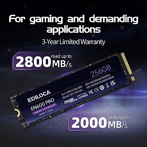Ediloca EN600 PRO SSD 256GB PCle 3.0x4, NVMe M.2 2280, Up to 2800MB/s, Internal Solid State Drive, SLC Cache 3D NAND TLC, Graphene Cooling Sticker, Storage for PC, Desktop and Laptops