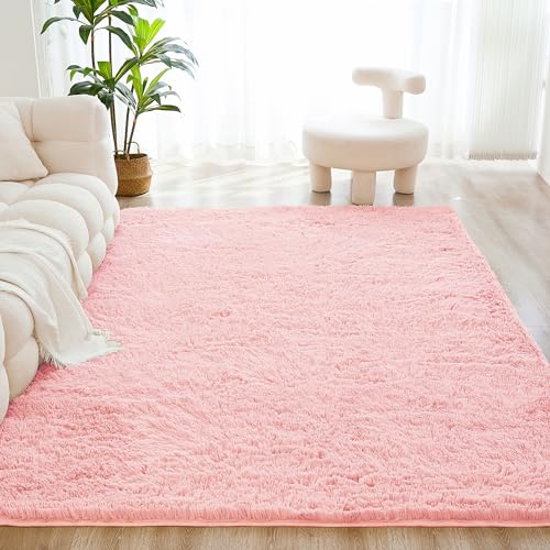 Litanika 4x4 Round Area Rug for Living Room Bedroom, Pink Shag Circle Rug for Nursery Kids Playroom, Cute Soft Plush Shaggy Faux Fur Girls Room Decor Carpet, Non-Slip, Non-Shedding Indoor Floor Rug