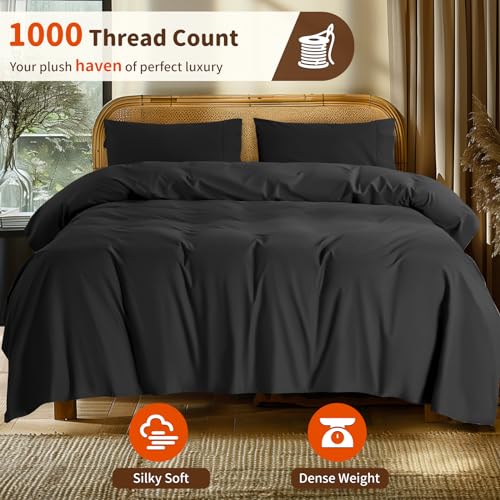 LBRO2M 1000 Thread Count 100% Egyptian Cotton Sheets Set,Full Size Bed Sheet 4 Piece Sets,Long Staple,16 Inches Deep Pocket,All Season,Bedding Super Soft Breathable,Sateen Weave (Black)