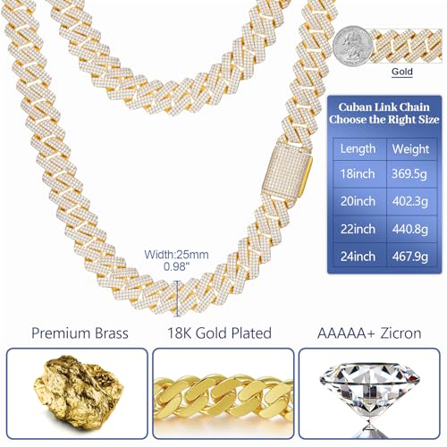 Ucciyo 25MM Cuban Link Chain for Men Thick Iced Out Chain 18K Gold Plated 5A+ Zicron Cuban Necklace Gold Iced Out Diamond Miami Cuban Necklace Bling Luxury Jewelry 18inch