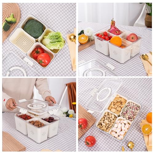 Bandesun Airtight Fruit Storage Containers for Fridge with Lids - 4 Grids, Handle & Removable Colanders, BPA-Free Fresh Produce Saver & Refrigerator Organizer Bins