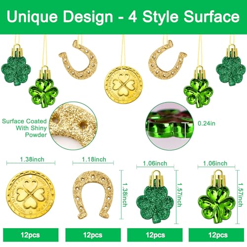 St. Patricks Day Decorations Shamrock Ornaments - 48pcs Shamrock Clover Gold Coins Horseshoe Tree Ornaments for Spring Lucky Irish Day St Patrick's Day Home Table Tree Party Hanging Decorations
