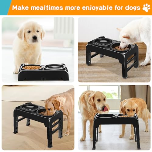 Elevated Dog Bowls 2-in-1 Slow Feeder Dog Food Bowls for Small Medium Dogs 3 Height Adjustable Raised Dog Bowl Stand Non-Slip Dog Feeder Adjusts to 2.75", 6", 7.5", Black