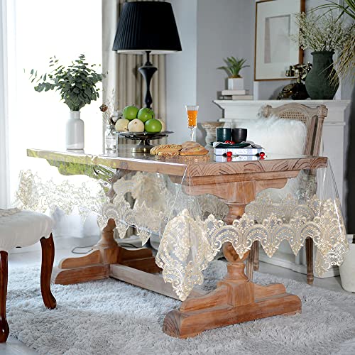 SUTAVIA Round Clear Vinyl lace Tablecloth 100% Oil Proof Waterproof Spill Proof Table Cloth Transparent PVC Table Protector Heavy Plastic Table Cover (Champagne,60" Round)