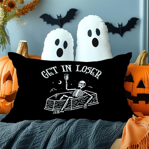 CarOptics Black Halloween Skull Pillow Covers (18 x 18 Inch) - Funny Get in Loser Skeletons Drink Coffee Goth Spooky Scary Skull Decor, Autumn Square Cushion Case for Home Sofa Couch