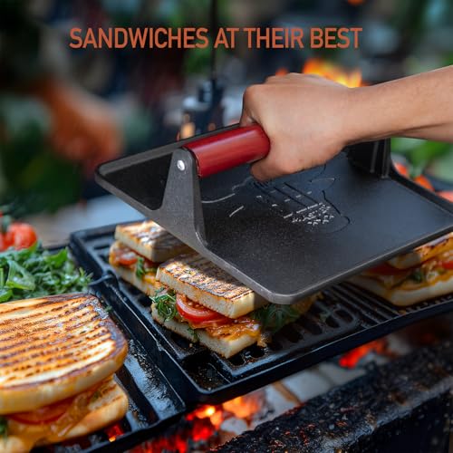 Cast Iron Grill Press - 8 x 4 Inch, 2.6 lb Griddle Press with Cool-Touch Wood Handle - Pre-seasoned for Steak, Burgers, Sandwiches, and Paninis – Non-Stick Grill Weight