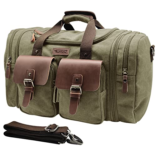 Wildroad 50L Travel Duffel Bag, Expandable Canvas Genuine Leather Duffle Bag Upgraded Overnight Weekender Bag Carry on Bag