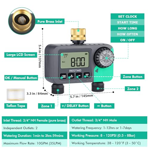 RESTMO Sprinkler Timer with Brass Inlet & Outlet, 2 Zone Programmable Water Timer for Garden Hose, 3 Separate Programs Hose Timer, Manual/Rain Delay/Automatic Watering for Drip Irrigation and Lawn