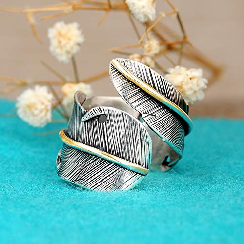 Boho-Magic 925 Sterling Silver and Brass Leaf Adjustable Ring for Women, Cool Plain Simple Open Wrap Feather Ring Size 7-10