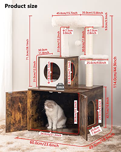 FourFurPets Multipurpose Litter Box Enclosure, Cat Tree and Condo, Side Table, with Large Platform, Cat House, Full Sisal Posts, Removable Washable Cushion, Rustic Brown