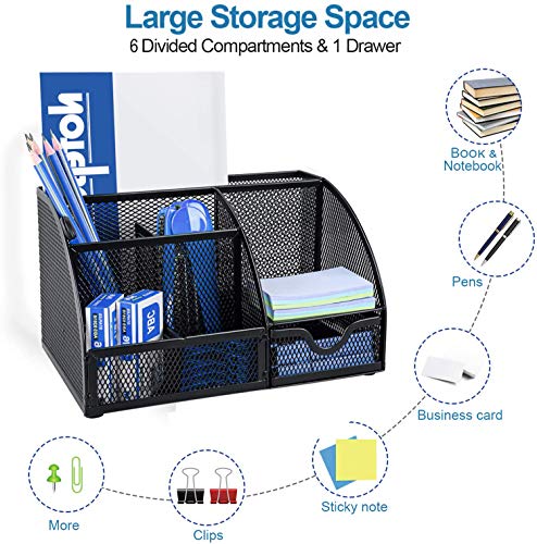 Refand Mesh Desk Organizer, Desktop Office Supplies Multi-Functional Caddy Pen Holder Stationery with 6 Compartments and 1 Drawer for Office, Home, School, Classroom