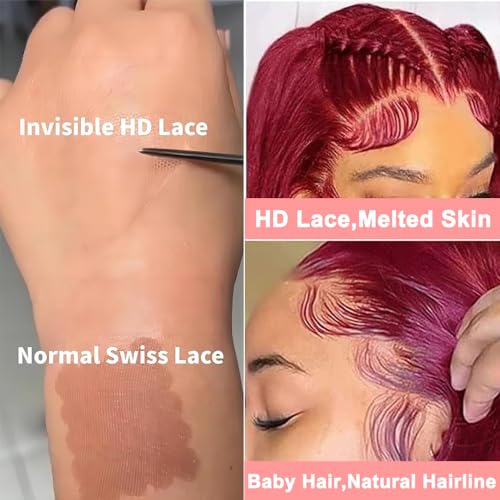 Red Lace Front Wigs Human Hair 180% Density 13X6 99J Body Wave Hd Lace Front Wigs Human Hair 12A Brazilian Virgin Red Wig Human Hair Pre Plucked Natural Hairline With Baby Hair (Burgundy, 20inch)