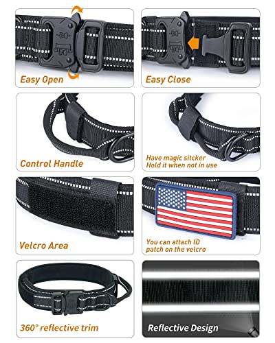 AUBELL Tactical Dog Collar and Leash Set, Adjustable Military Nylon Reflective Dog Leash and Collar with Handle and Heavy Metal Buckle for Medium Large Dogs, with Airtag Case and 2 Patches(Yellow, L)