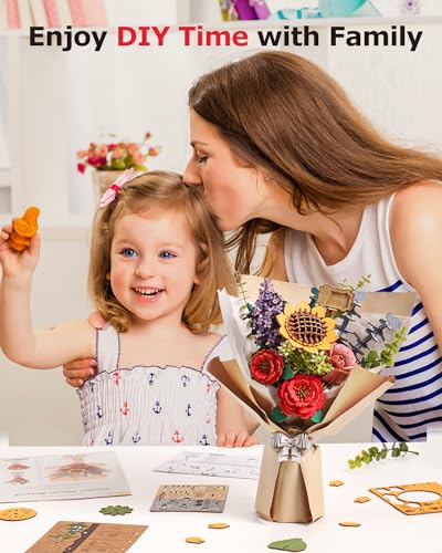 Rowood Artifical Flowers,Wooden Flower Bouquet Building Sets for Adults,Botanical Collection,Mothers Day/Valentine's Day/Christmas/Birthday Gift for Women/Mom/Her,DIY Craft Kit Unique Home Decor-TW01H