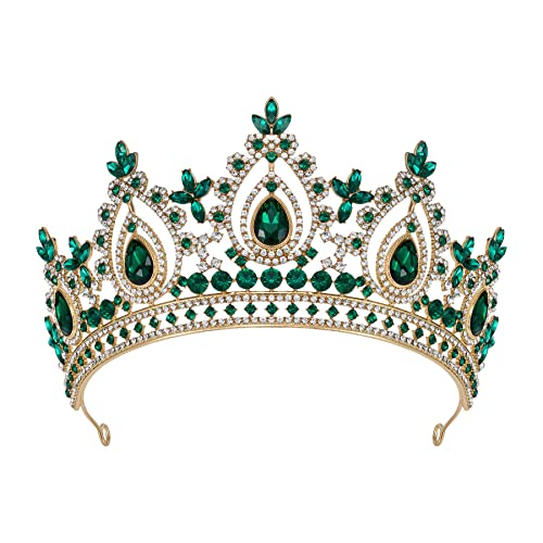 SWEETV Green Queen Crown for Women, Wedding Tiara for Bride, Gold Princess Tiara, Quinceanera Pageant Crown Diadem, Crystal Headpiece for Birthday Prom Pageant Halloween
