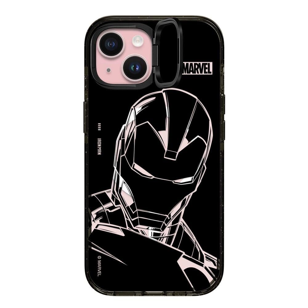CASETiFY Impact Ring Stand iPhone 15 Case [Iron Man Co-Lab / 3X Military Grade Drop Tested / 6.6ft Drop Protection/Compatible with Magsafe] - Iron Man - Black - Clear Black