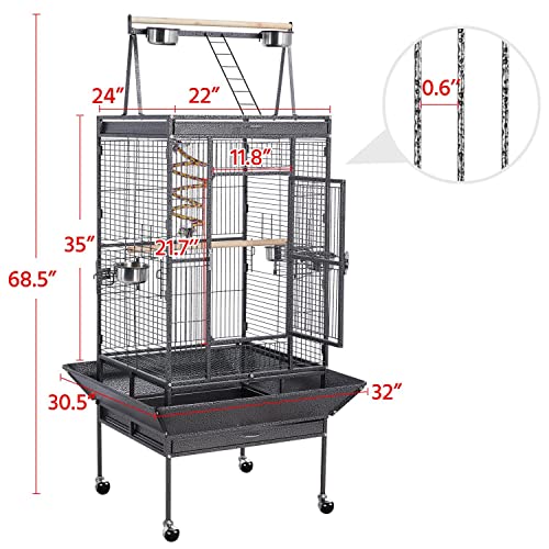 Yaheetech 69-inch Wrought Iron Rolling Large Parrot Bird Cage for African Grey Small Quaker Amazon Cockatiel Sun Parakeet Green Cheek Conure Dove Lovebird Budgie Play Top with Stand