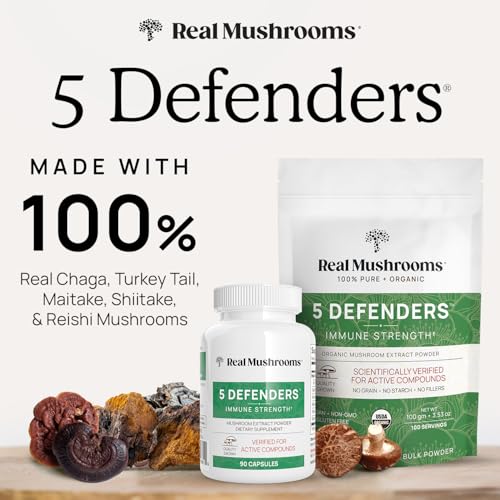 Real Mushrooms 5 Defenders - Adaptogenic Mushrooms Complex with Chaga, Reishi, Turkey Tail, Maitake & Shiitake for Wellness Support - Mushroom Beta Glucan Capsules - 90 Count