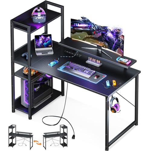 ODK Reversible Gaming Desk with USB Charging Port and LED Lights, 40 Inch Computer Desk with Storage Shelves & Monitor Stand, Study Table for Home Office, Small Space Bedroom, Carbon Fiber Black