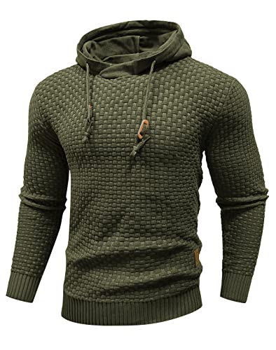 Zaitun Mens Hooded Sweatshirt Long Sleeve Solid Knitted Hoodie Pullover Sweater Green Khaki